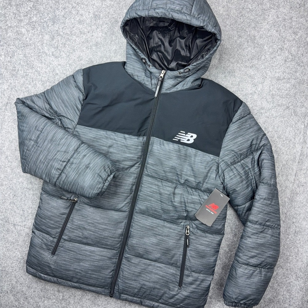 New Balance Jacket Mens Medium Gray‎ Black Tech Puffer Quilted Outdoor Coat NEW